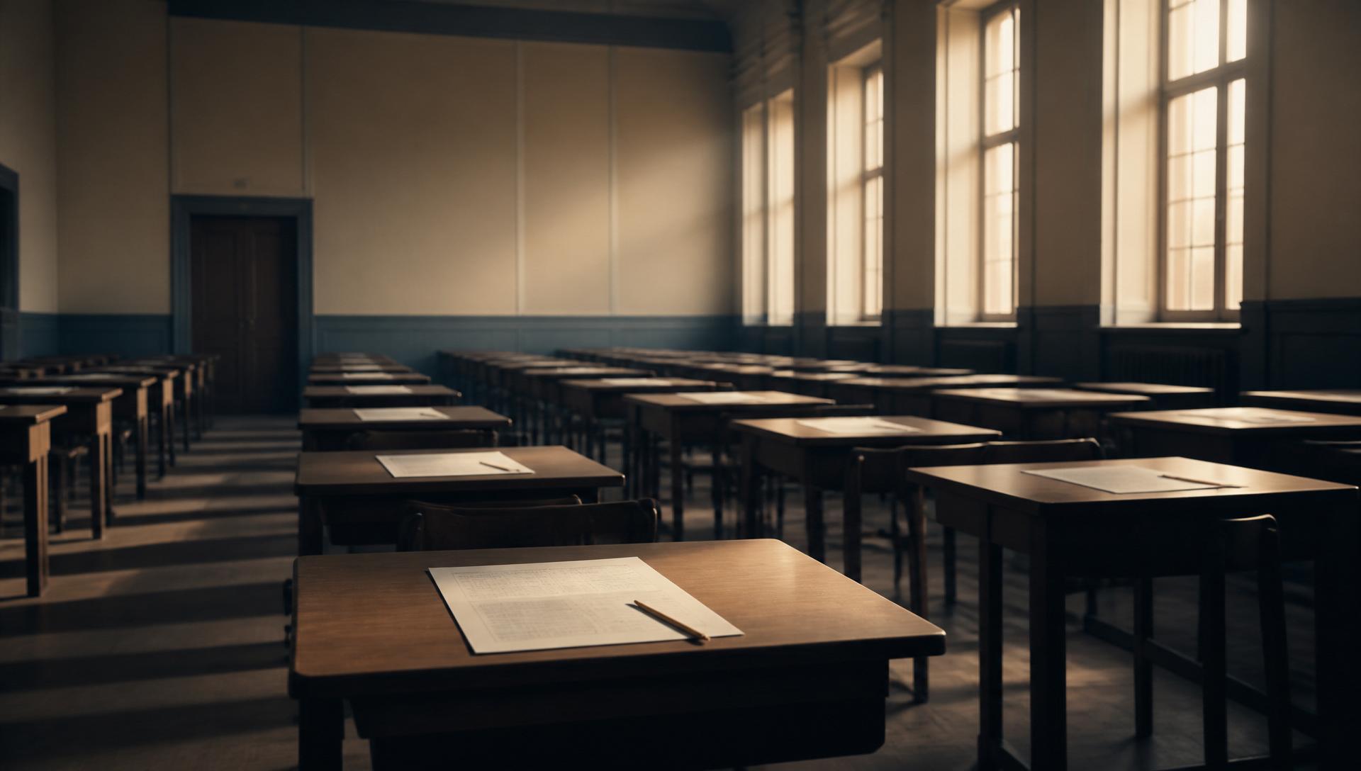 Test day exam hall — clock, desks, and quiet focus